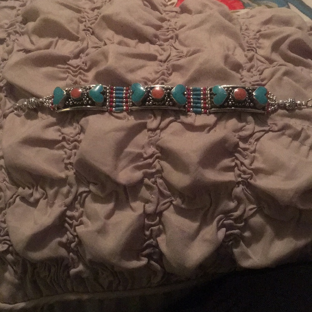 🦋Handmade Silver Turquoise & Coral Bracelet 🦋